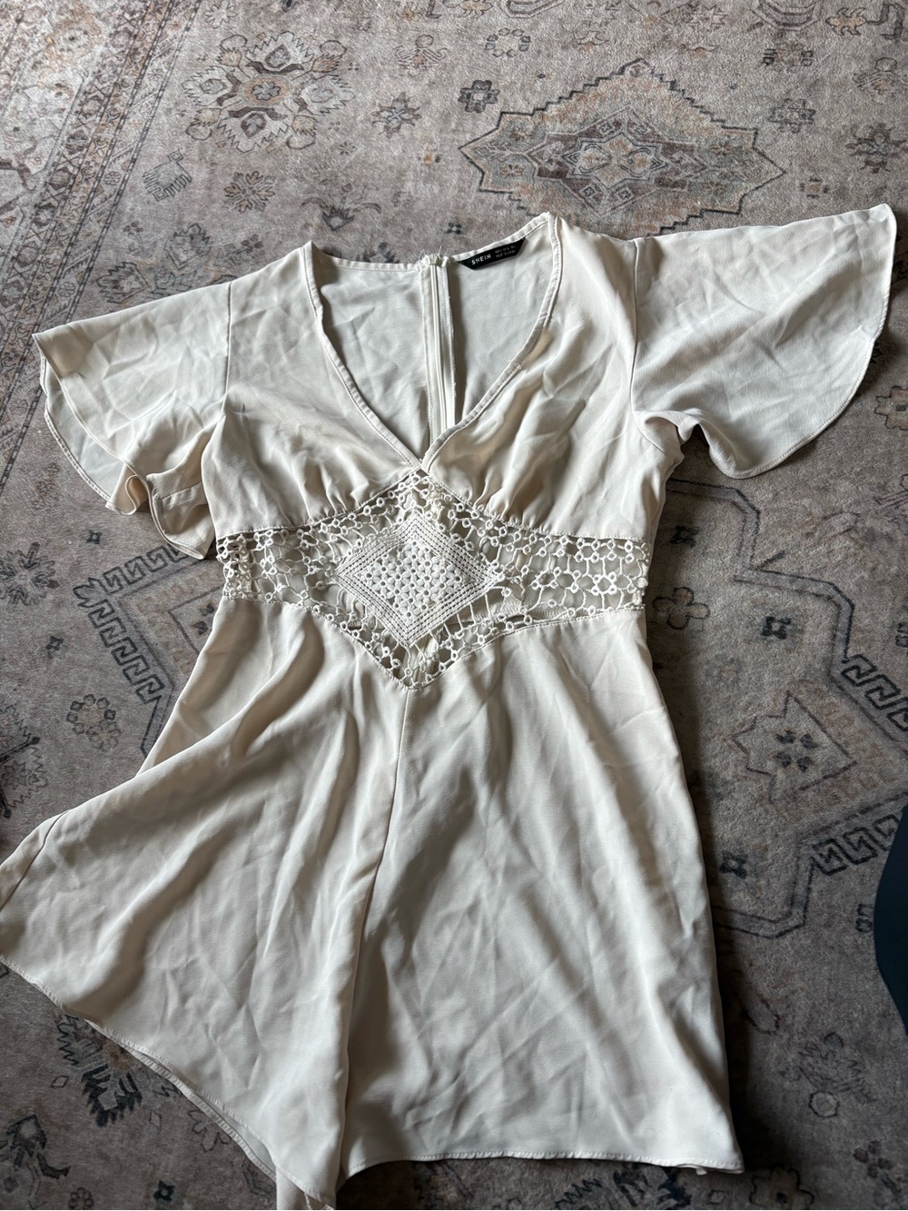 Light Cream Crochet-Detail V-Neck Women’s Romper